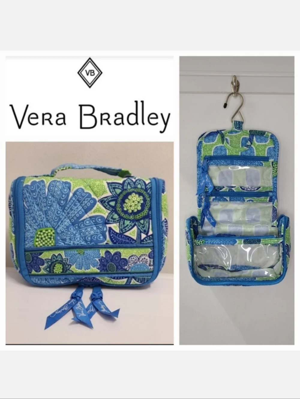 Vera Bradley Hanging Essentials Cosmetic Accessory Bag Blue Doodle Daisy Print